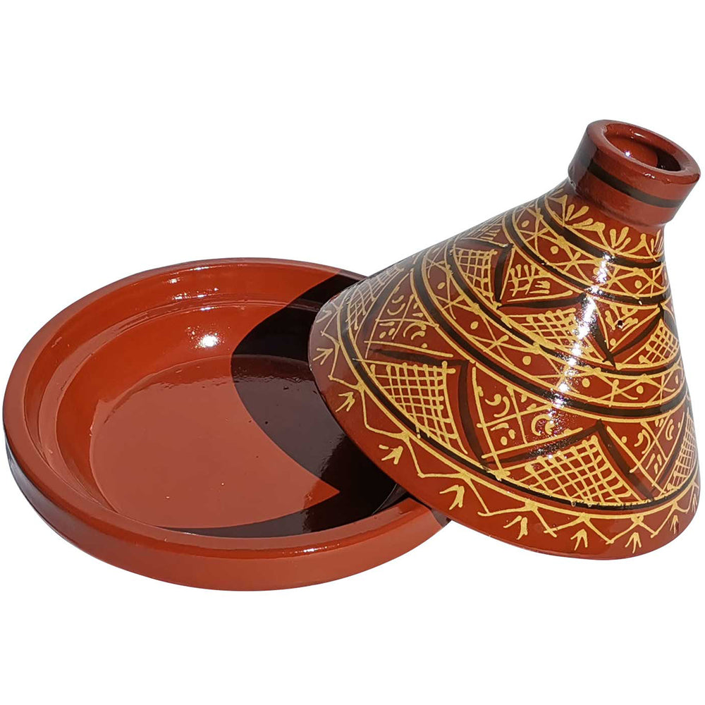Tajine marroquina de barro esmaltada com motivos decorativos, panela tradicional para receitas com especiarias