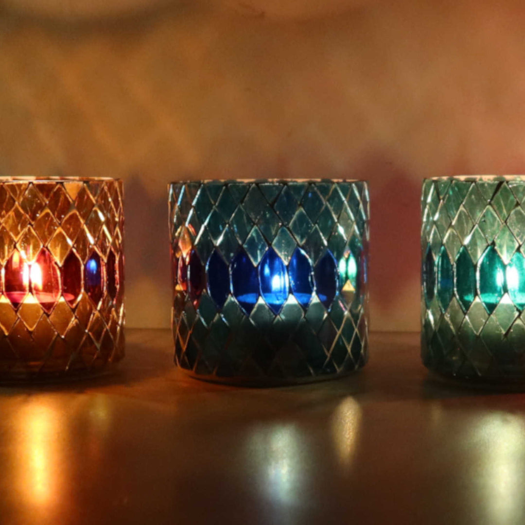 Conjunto de 5 castiçais marroquinos com mosaicos Rayan S