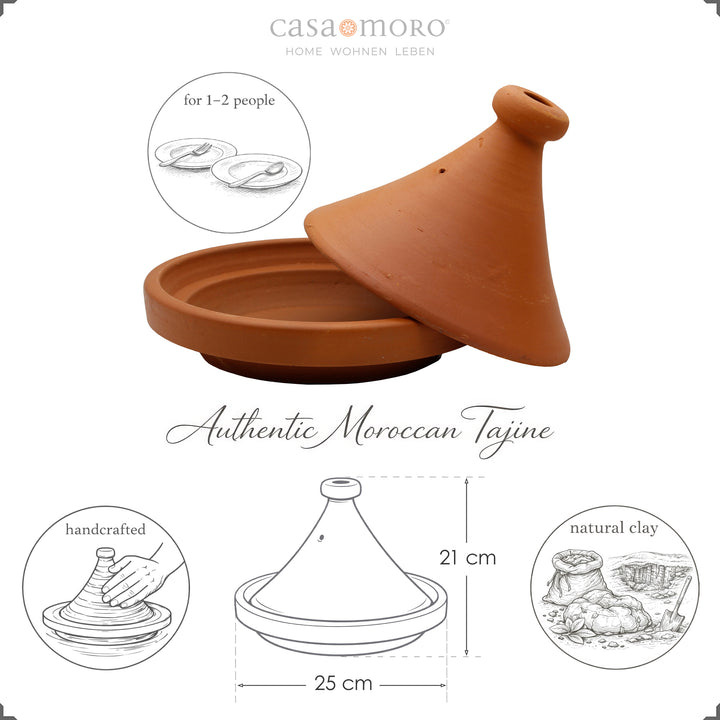 Tajine de Marrocos, 25 cm, para 1–2 pessoas, feito à mão e em barro natural