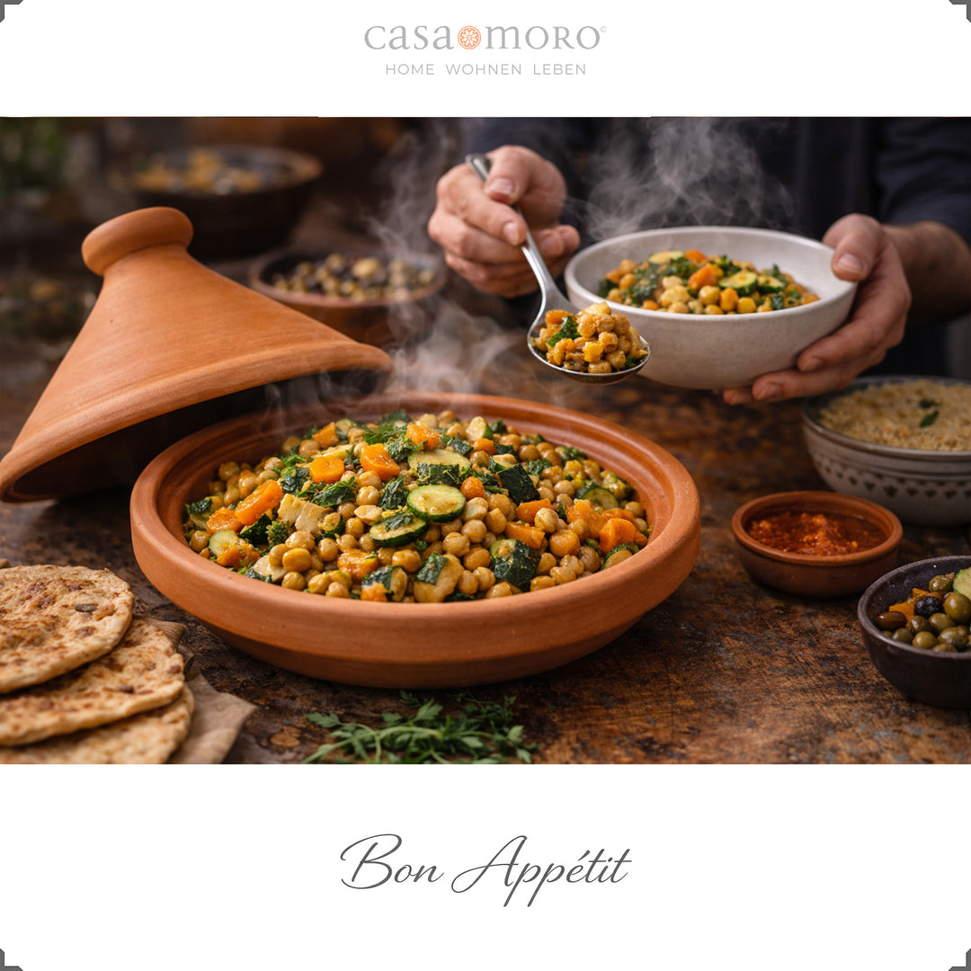 Tajine não vidrado de Marrocos, 30 cm, com receita vegetariana e especiarias aromáticas