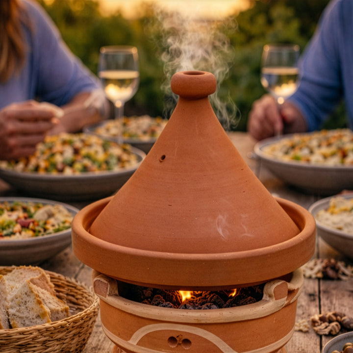 Mejmar, um pequeno braseiro de barro para carvão vegetal, grelhador de mesa marroquino com tajine e brasas à vista durante uma refeição em conjunto