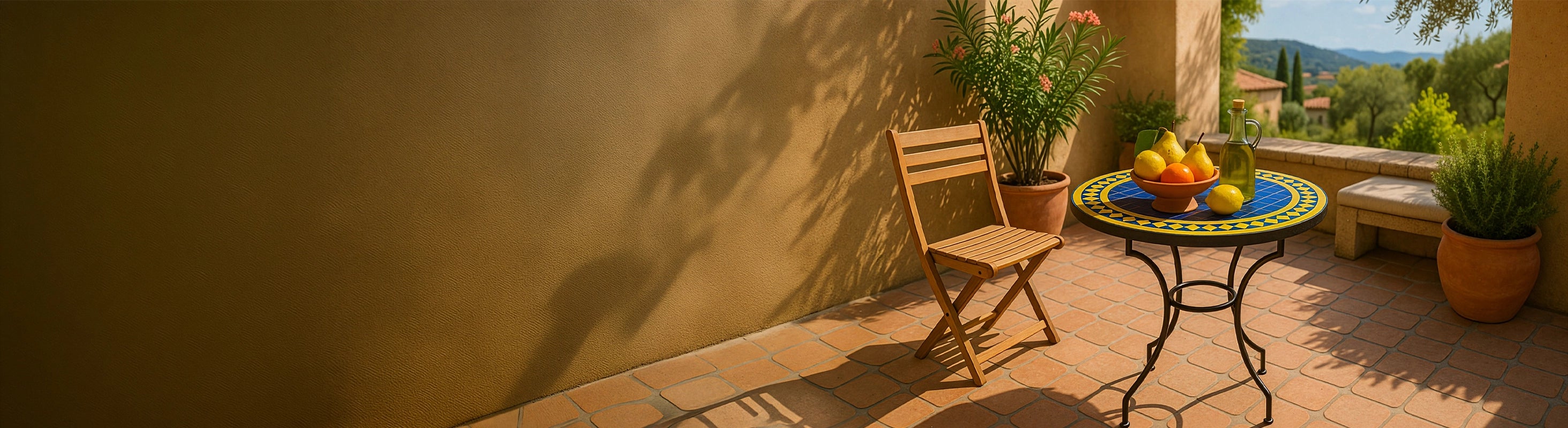 Mesas em mosaico Ø60 – Runder Mosaiktisch Ø60 cm mit blauen Zellige-Fliesen als Bistrotisch auf sonniger Terrasse mit Stuhl und mediterraner Umgebung – 2 Personen