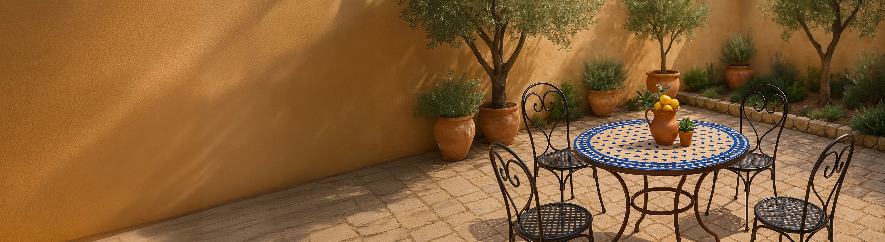 Mesas em mosaico Ø80 – Grande mesa redonda de mosaico Ø80 cm com azulejos zellige e quatro cadeiras no jardim do terraço com plantas e ambiente mediterrâneo