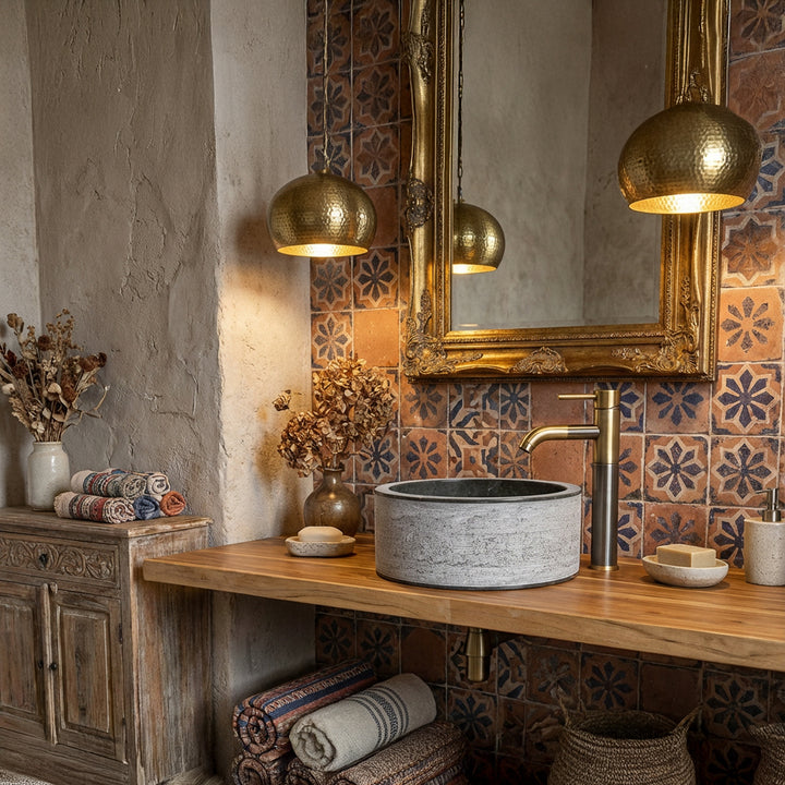 Lavatório redondo em pedra natural sobre uma consola de madeira, combinado com torneiras em latão e azulejos ornamentais numa casa de banho de estilo oriental.