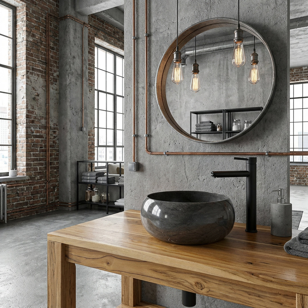 Lavatório redondo em pedra sobre um móvel de madeira numa casa de banho de estilo loft industrial, combinado com torneiras pretas, paredes de betão, tubos de cobre à vista e iluminação acolhedora