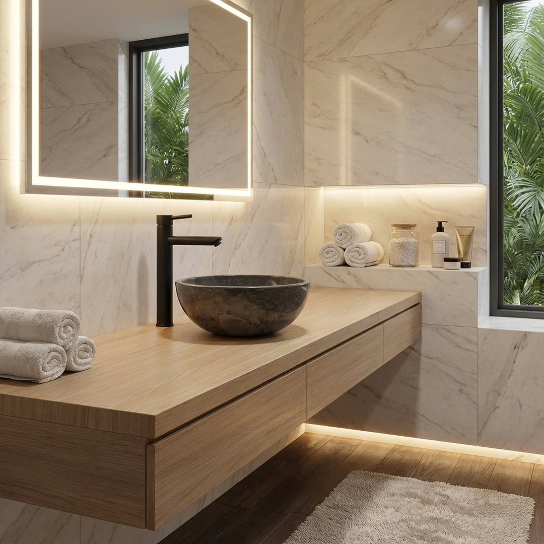 Lavatório redondo em pedra natural sobre uma bancada suspensa em madeira, numa casa de banho tipo spa luminosa, com espelho com iluminação LED e linhas simples