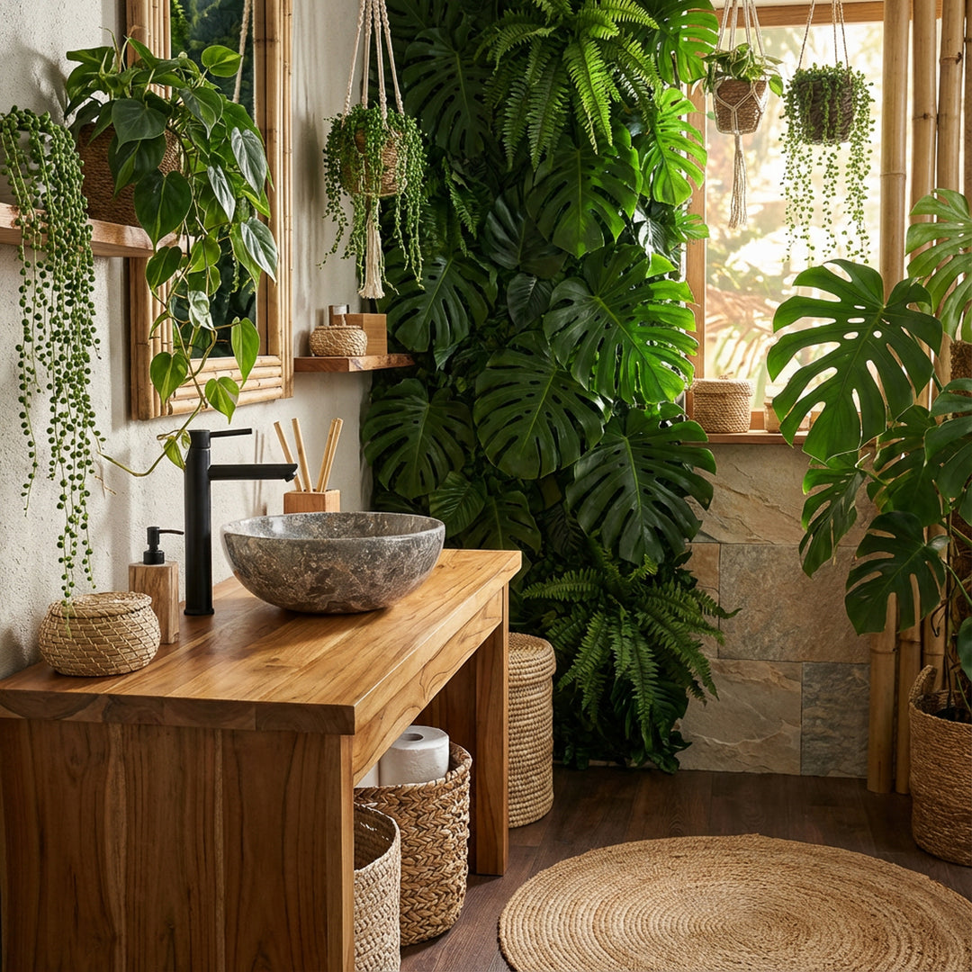 Lavatório redondo em mármore com veios cinzentos sobre um móvel de madeira maciça numa casa de banho com tema de selva verde, combinado com torneiras pretas, plantas suspensas e luz natural