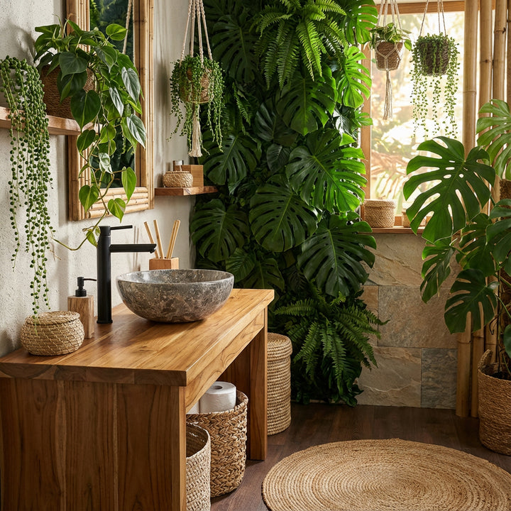 Lavatório redondo em mármore com veios cinzentos sobre um móvel de madeira maciça numa casa de banho com tema de selva verde, combinado com torneiras pretas, plantas suspensas e luz natural
