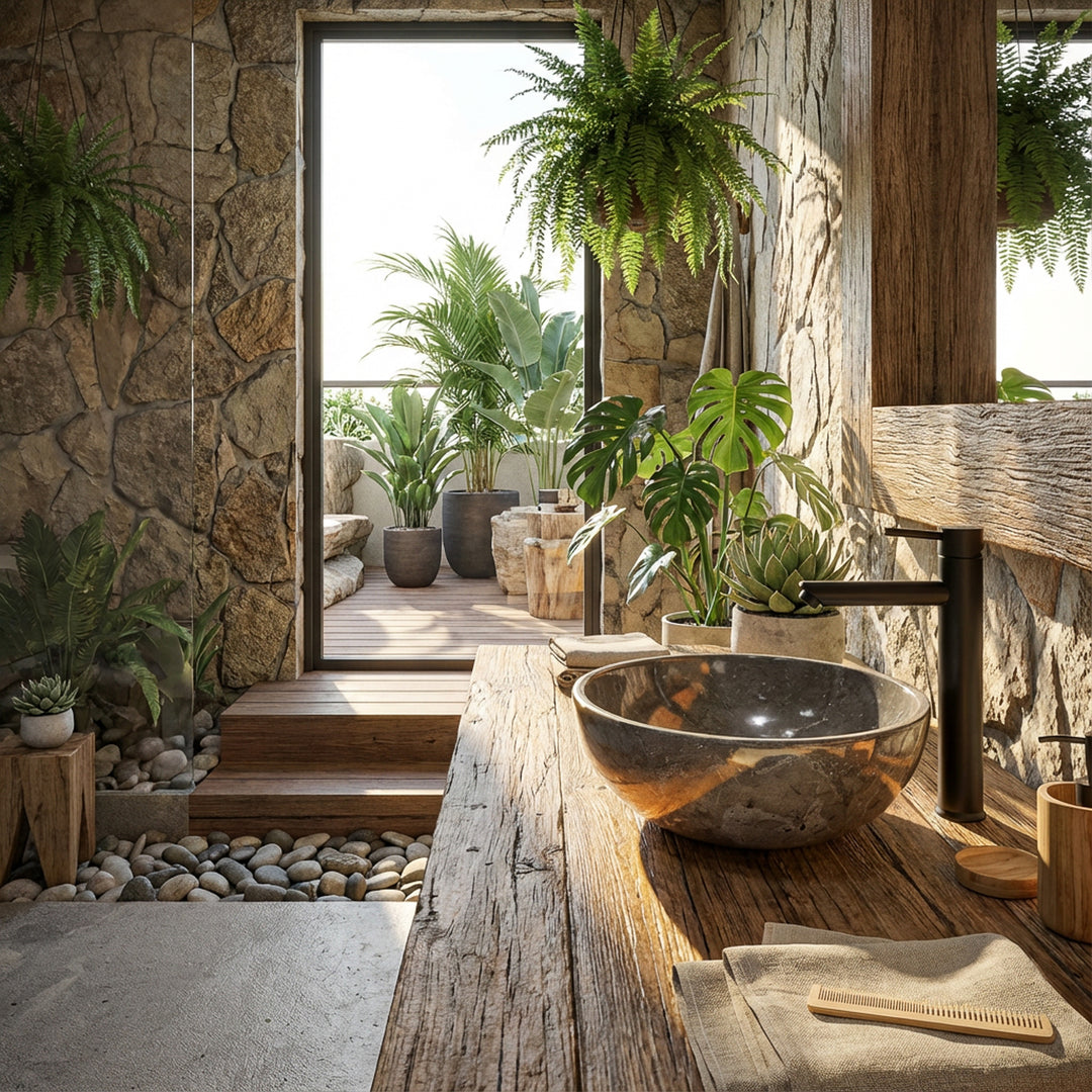 Lavatório redondo em pedra natural sobre uma bancada de madeira maciça na casa de banho tipo spa, com plantas, parede de pedra e luz natural