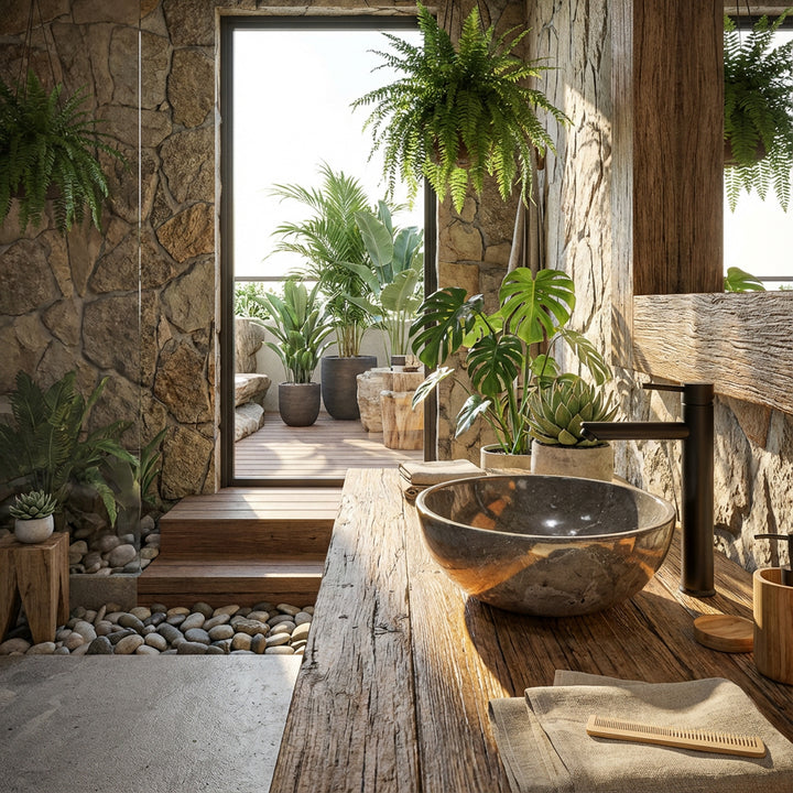 Lavatório redondo em pedra natural sobre uma bancada de madeira maciça na casa de banho tipo spa, com plantas, parede de pedra e luz natural