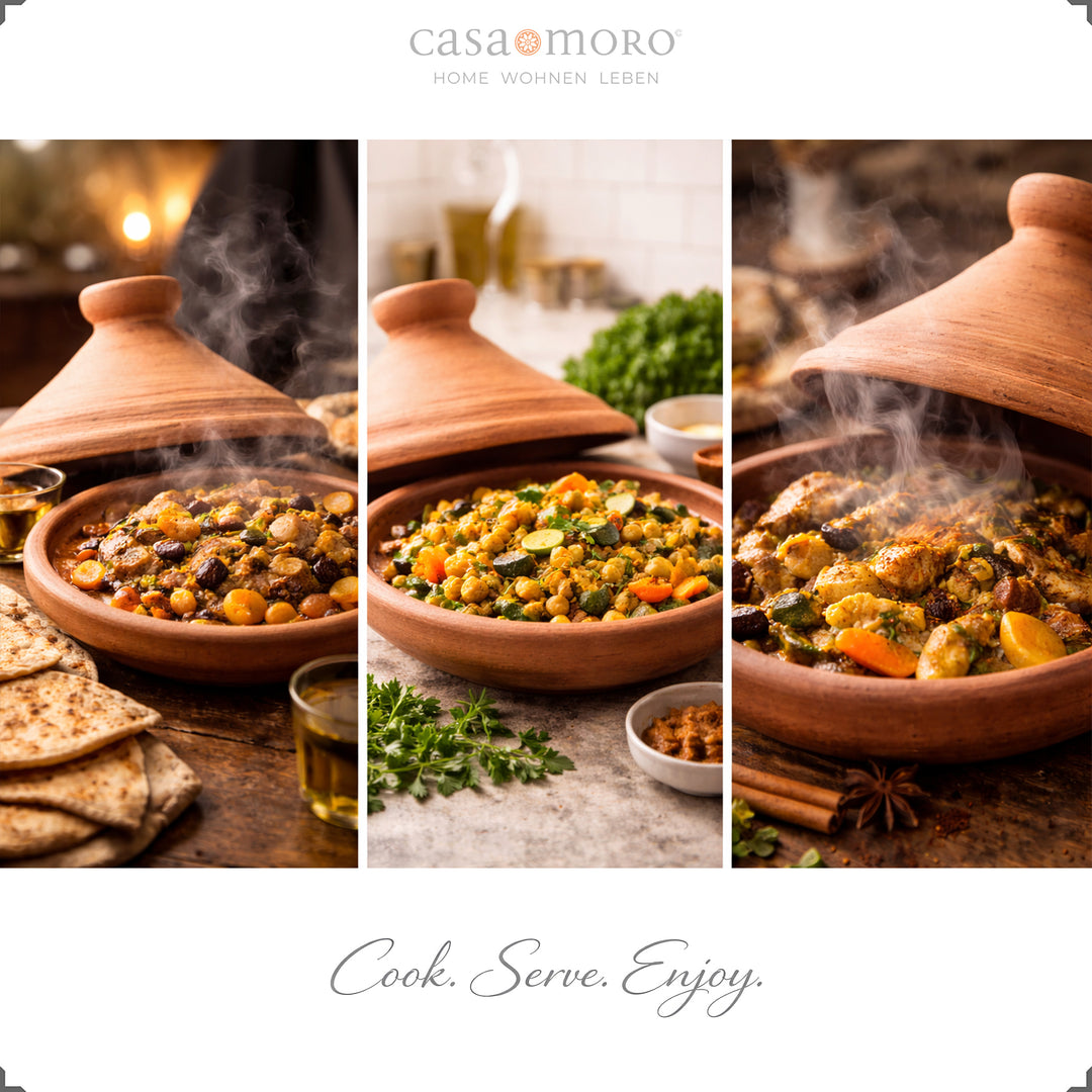 Tajine marroquino de 25 cm com carne de borrego, frango e variante vegetariana, temperado de forma aromática