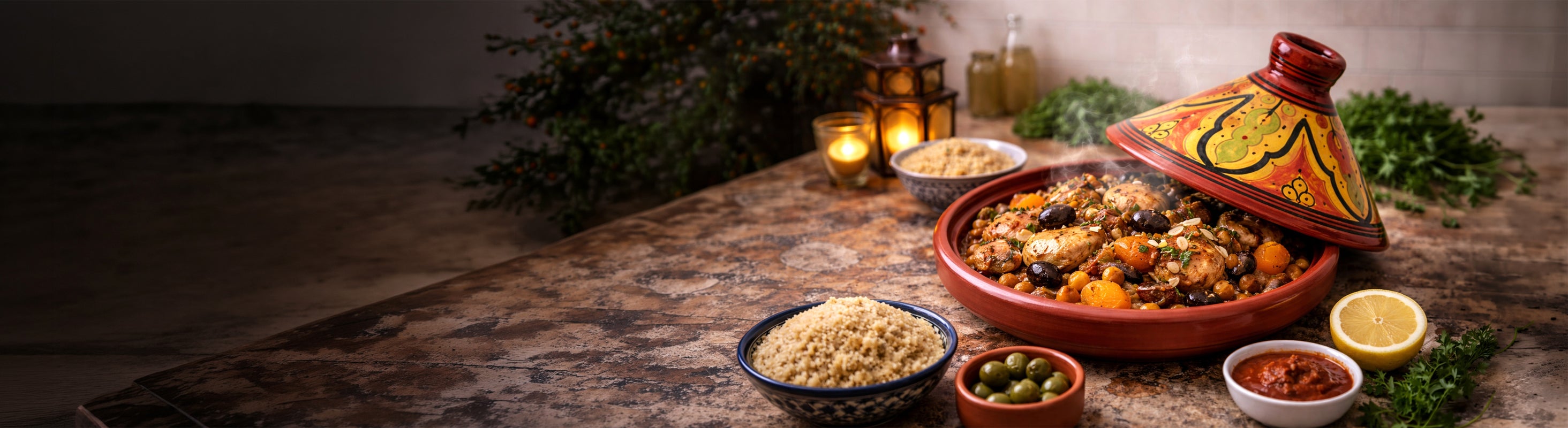 Tajine – Tagine marroquino como caçarola de barro tradicional com tampa pintada, recheada com frango, legumes e azeitonas.