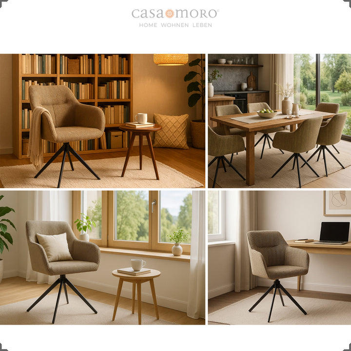 Colagem com cadeiras estofadas com braços, giratórias a 360°, em castanho, apresentadas na sala de jantar, na sala de estar, no recanto de leitura e no escritório em casa, com iluminação acolhedora