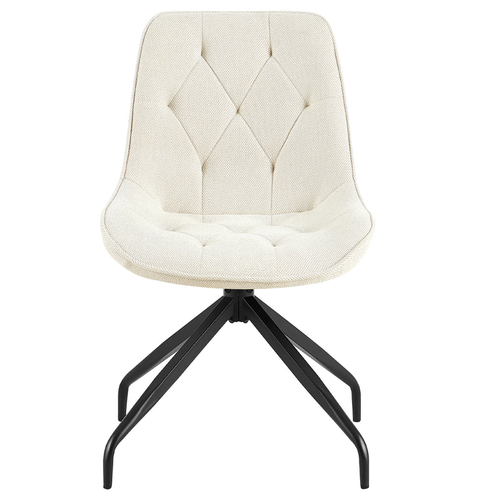 Vista frontal da cadeira estofada giratória a 360° em bege com estrutura metálica preta – elegante cadeira de sala de jantar com acolchoado em losangos e assento ergonómico