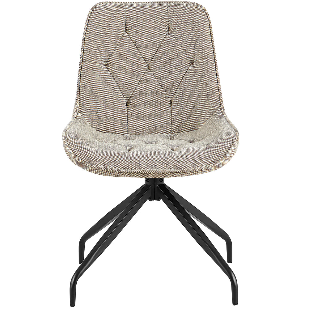 Vista frontal da cadeira estofada giratória a 360° em castanho com estrutura metálica preta – elegante cadeira de sala de jantar com acolchoado em losango e assento confortável