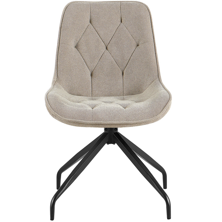 Vista frontal da cadeira estofada giratória a 360° em castanho com estrutura metálica preta – elegante cadeira de sala de jantar com acolchoado em losango e assento confortável