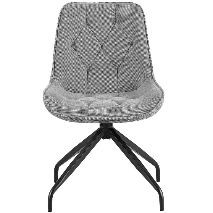 Vista frontal da cadeira de sala de jantar com função giratória de 360° em cinzento – cadeira estofada elegante com acolchoado em losango e estrutura metálica preta resistente