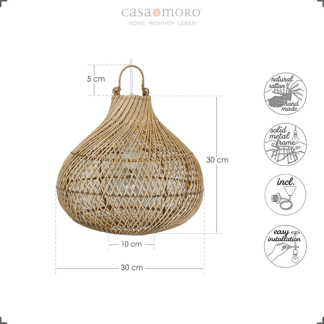Desenho cotado do candeeiro de teto em rattan feito à mão, com ícones relativos ao material, montagem e acessórios