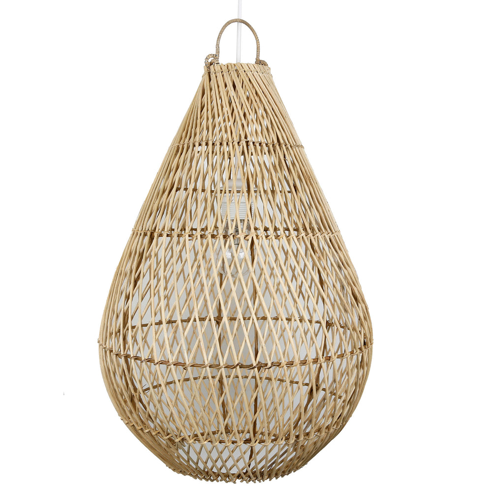 Abajur em rattan em forma de gota, com um delicado padrão de trançado e cor natural