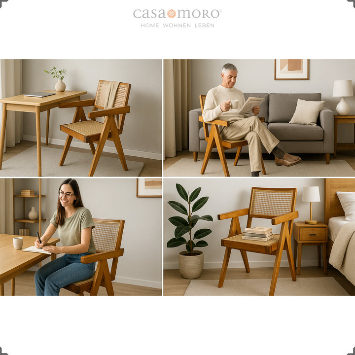 Poltrona com encosto em vime vienense em tom de teca, feita à mão em madeira e rattan – versátil para utilizar na sala de estar, no escritório e no quarto