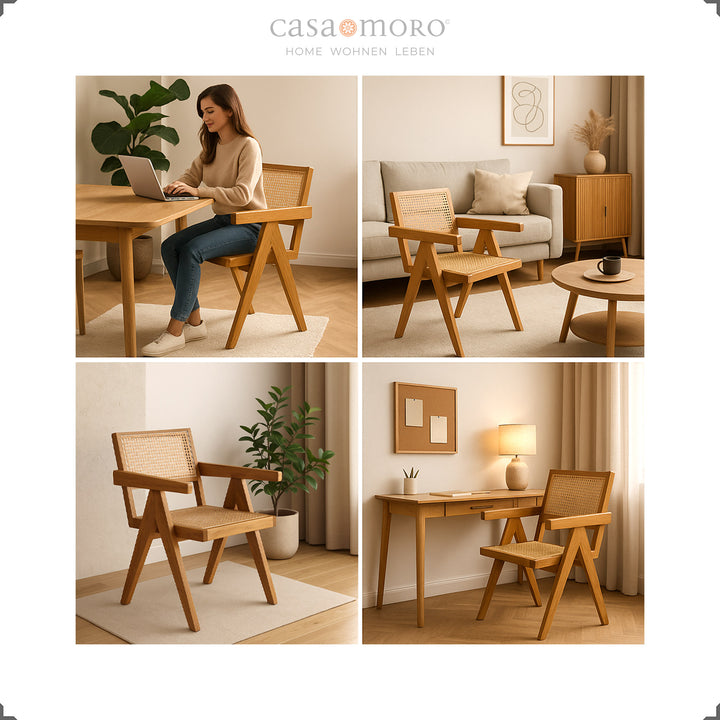 Poltrona com encosto em vime vienense e estrutura em teca, versátil para utilizar como poltrona na sala de estar ou no escritório