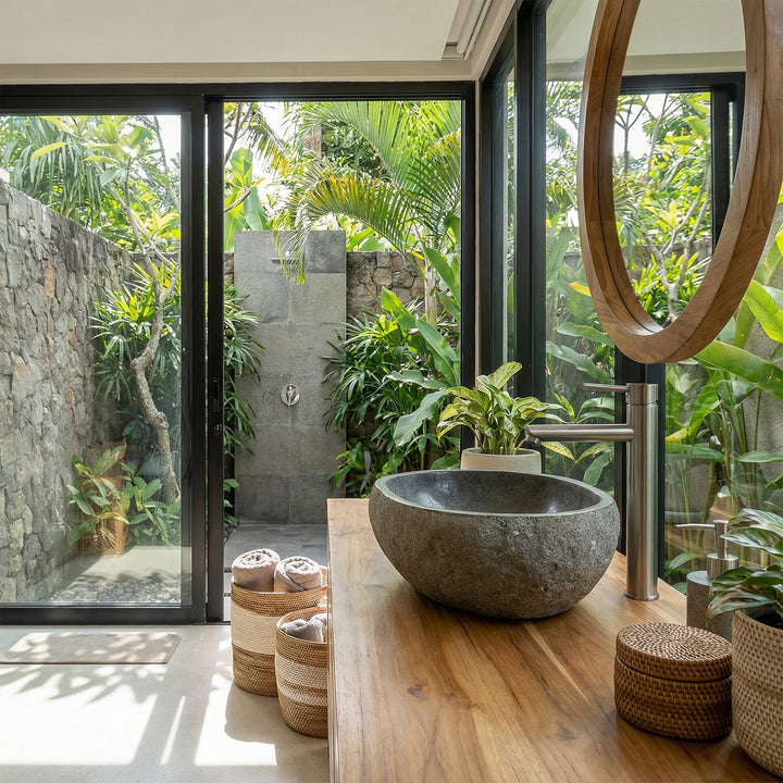 Lavatório suspenso River Stone numa casa de banho bem iluminada, com lavatório em madeira, fachada em vidro e vista para um jardim tropical