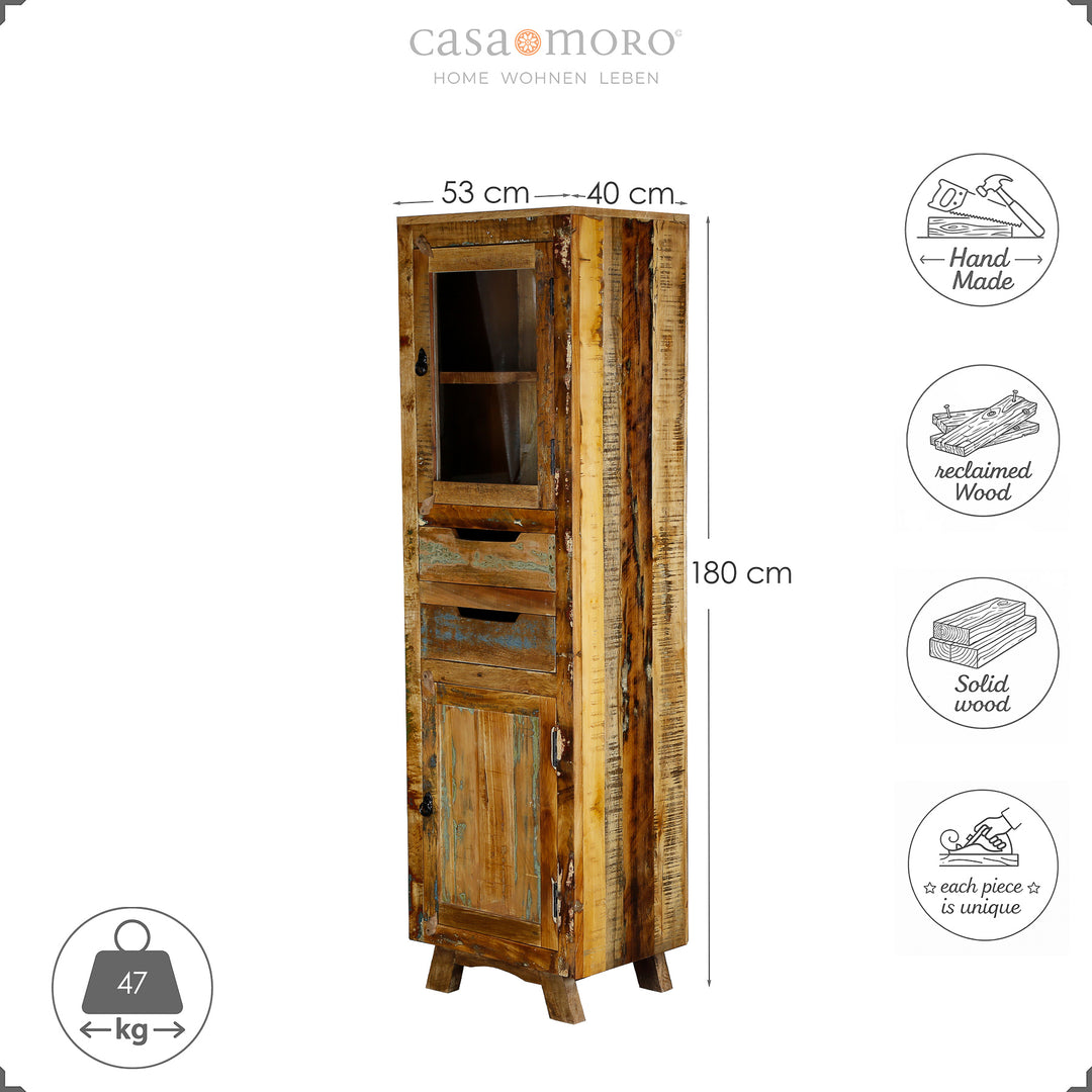 Armário alto em madeira maciça e madeira recuperada, com gaveta e portas, 180 cm de altura, em estilo rústico vintage