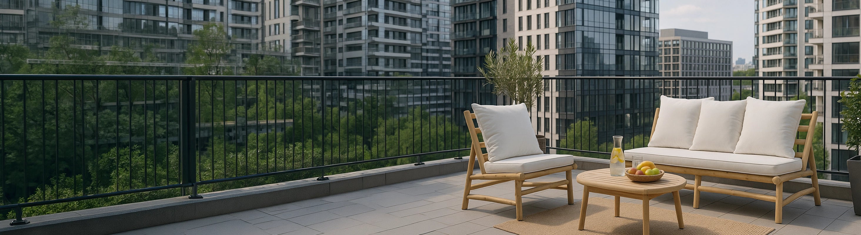 Poltronas e sofás – Poltrona de teca e sofá estofado em varanda moderna com vista para a cidade - móveis confortáveis ​​para uso ao ar livre