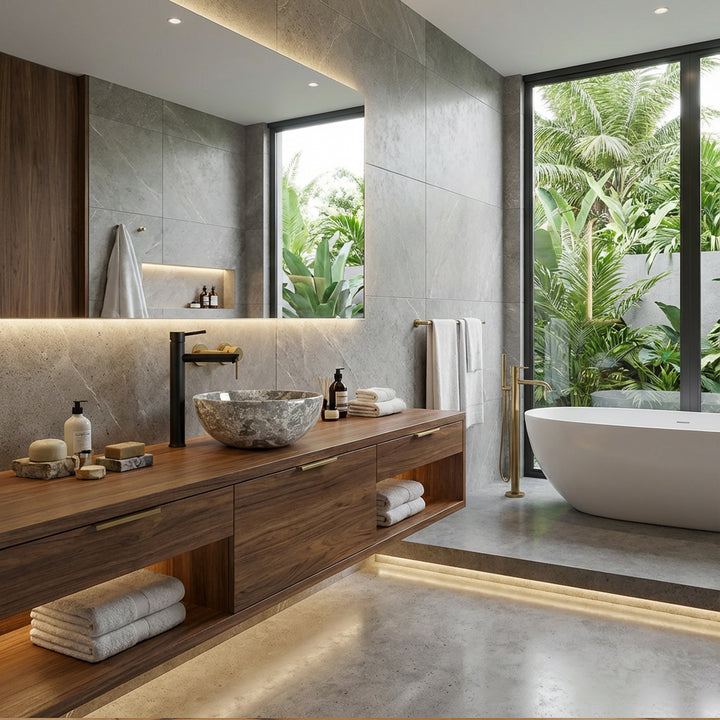 Lavatório redondo de mármore com veios castanho-acinzentados sobre um móvel de madeira numa casa de banho luminosa em estilo spa, combinado com torneiras pretas, banheira independente e vista para a vegetação