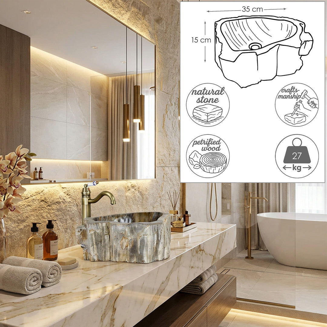 Lavatório em pedra natural numa casa de banho elegante, solução de encaixe com desenho à medida, indicação do peso e detalhes artesanais.