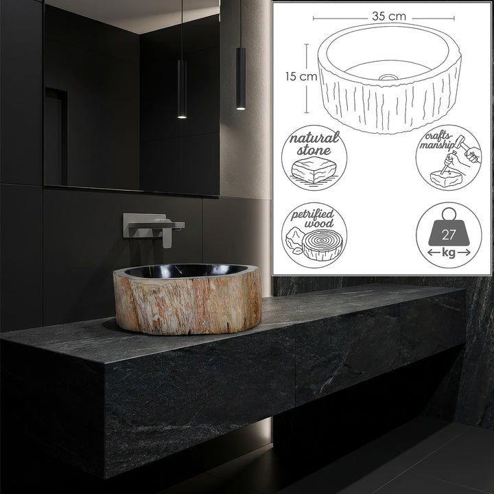 Lavatório em pedra de madeira petrificada, na versão redonda de sobreposição, com um toque moderno graças a um padrão personalizado numa casa de banho de design em tons escuros.