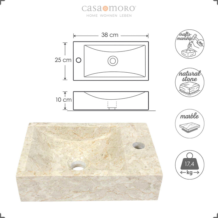 Lavatório angular em pedra natural clara com orifício para torneira, acompanhado de uma ficha técnica com largura, profundidade, altura e peso