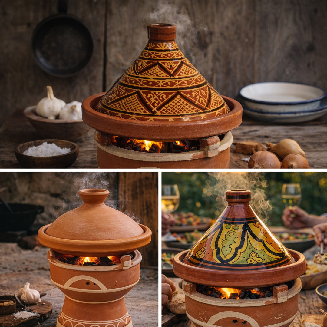 Tajine em braseiro de barro «Mejmar» para carvão vegetal, grelhador de mesa marroquino com variantes de tajine ao estilo marroquino