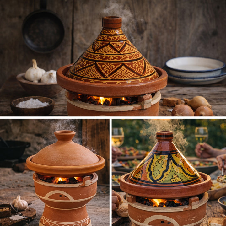 Tajine em braseiro de barro «Mejmar» para carvão vegetal, grelhador de mesa marroquino com variantes de tajine ao estilo marroquino
