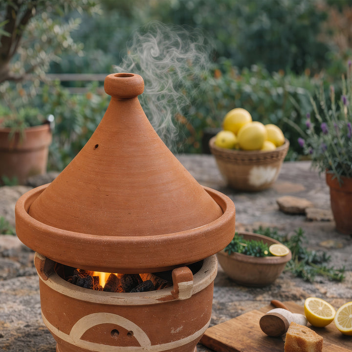 Braseiro Mejmar em barro para carvão vegetal, grelhador de mesa marroquino do tipo tajine com brasas à vista na área exterior