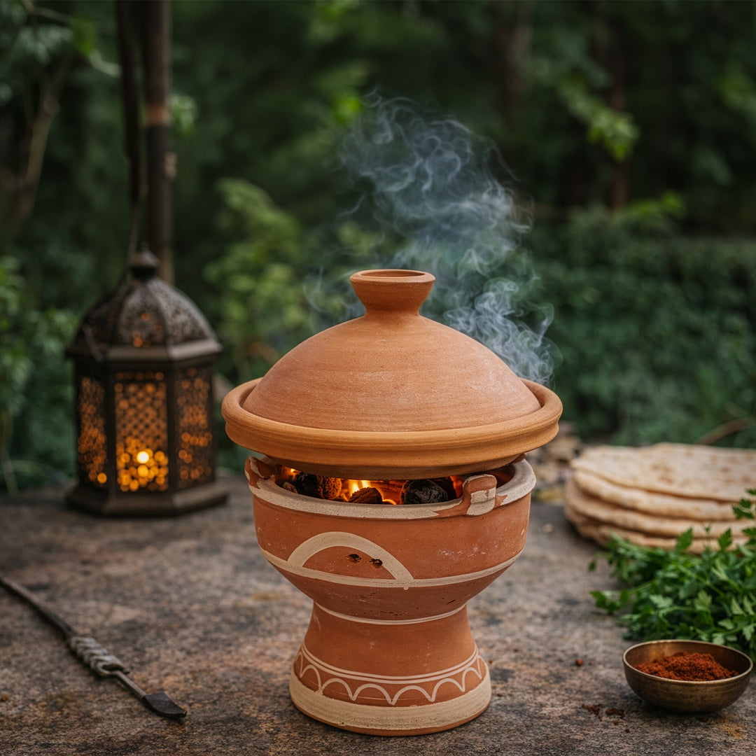 Mejmar, um pequeno fogão de barro para carvão vegetal; tajine marroquino, grelhador de mesa com brasas à vista no jardim