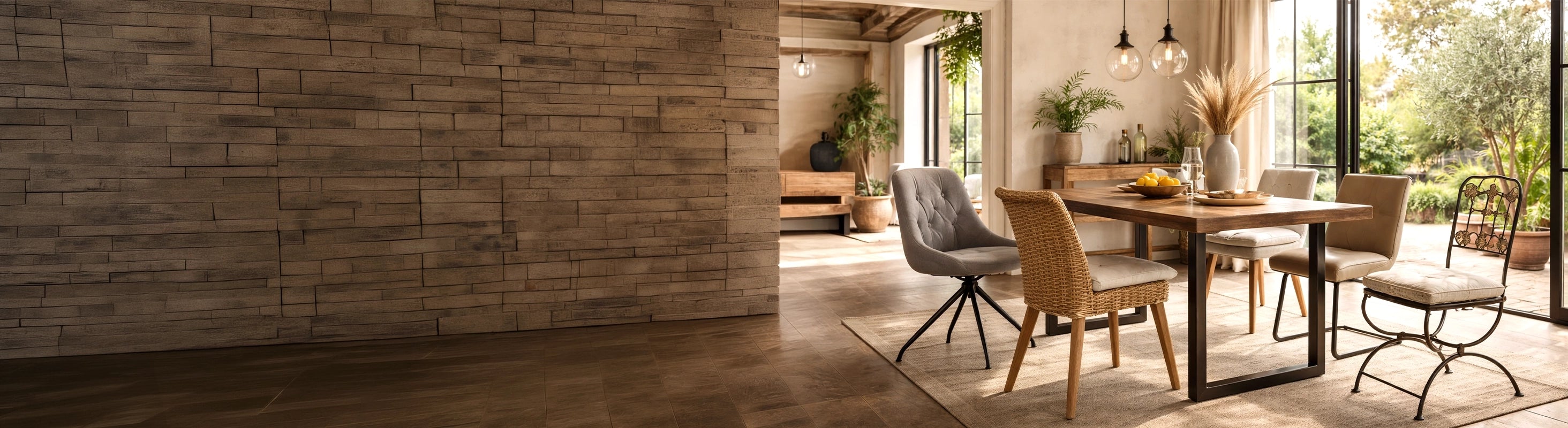 Cadeiras – verschiedene Stühle aus Metall, Holz, Rattan und Polster am Esstisch im Wohnraum – Kombination aus Esszimmerstühlen für modernes Wohnen
