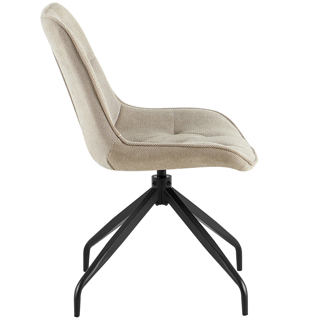 Vista lateral da cadeira estofada giratória a 360° em castanho com estrutura metálica preta – formato ergonómico com estofamento macio e design elegante