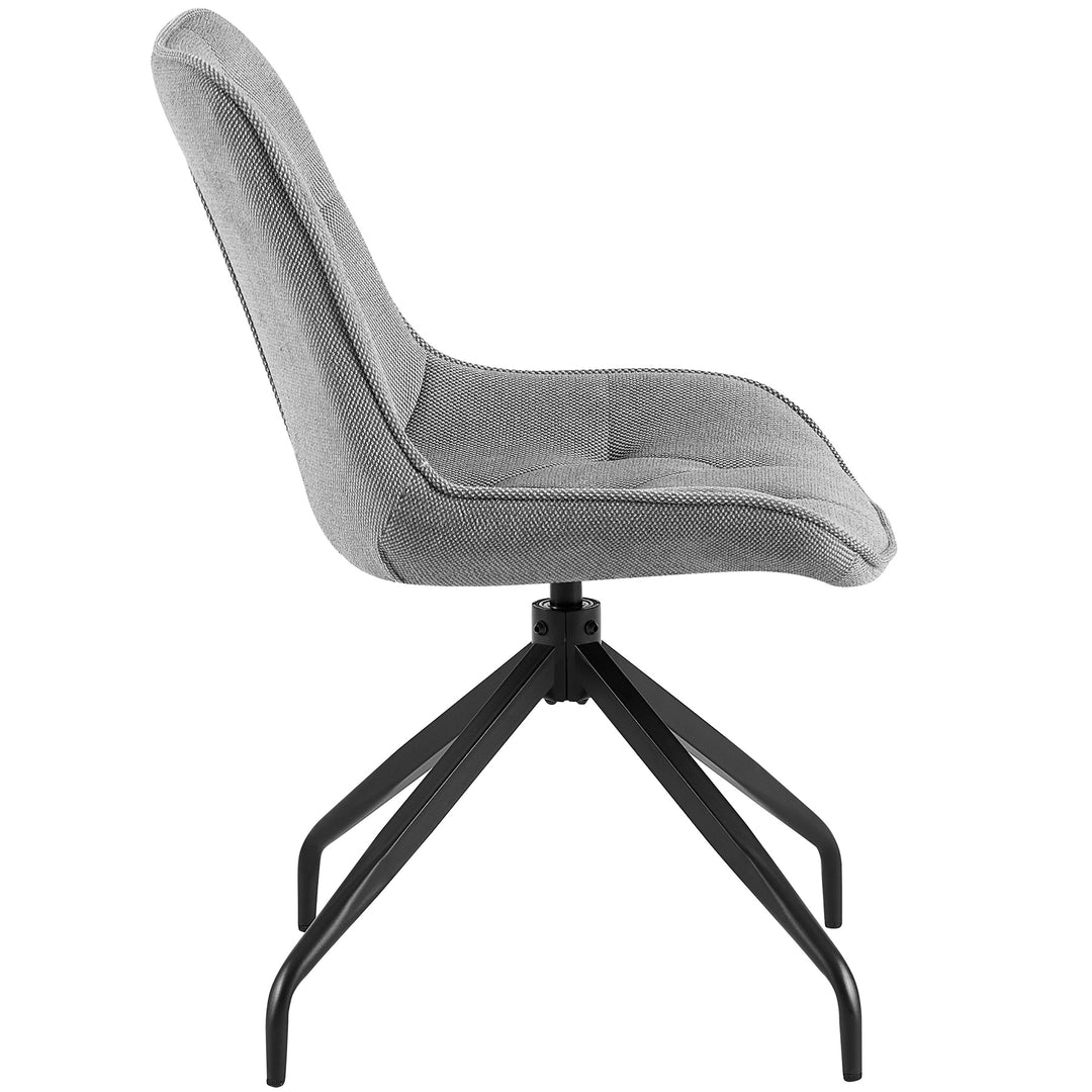 Vista lateral da cadeira de sala de jantar cinzenta com função giratória de 360° e estrutura metálica preta – formato ergonómico com estofamento macio