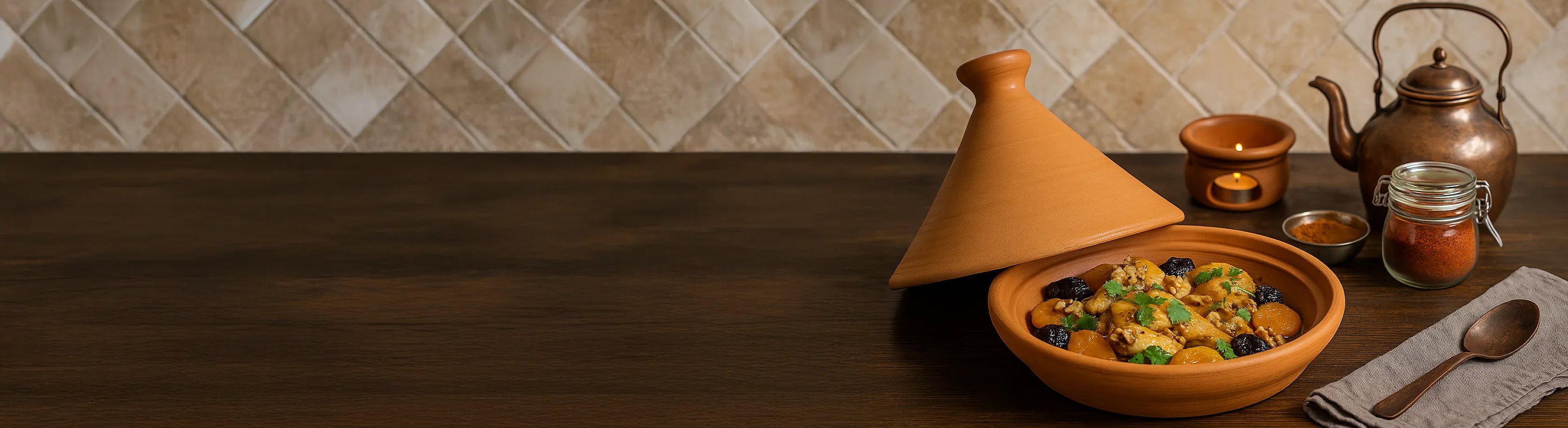 Tajine marroquino – Tagine recheado com carne refogada, damascos e frutos secos, decorado com coentros frescos