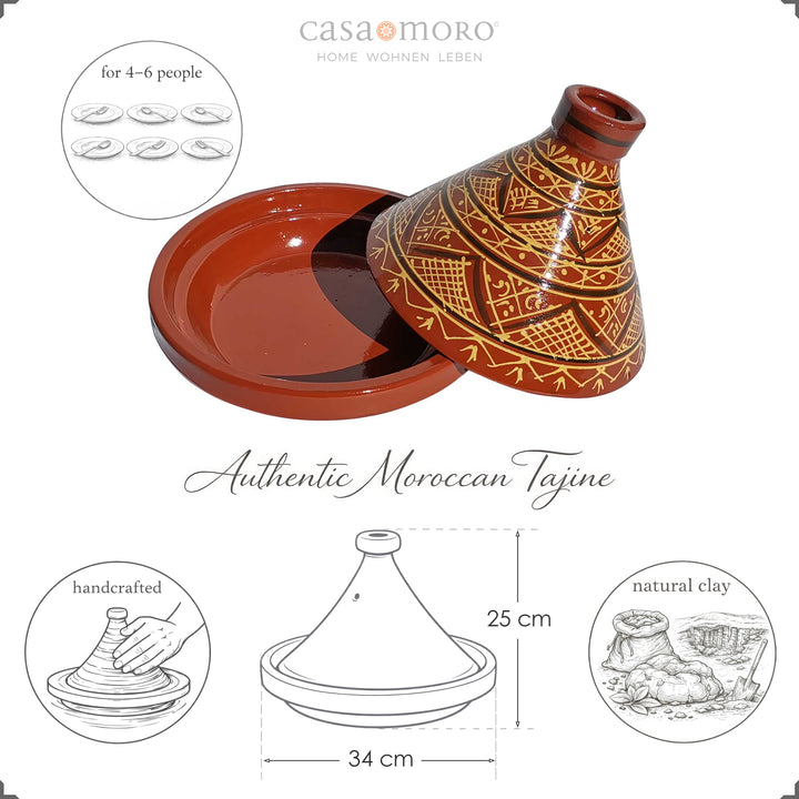 Tajine marroquina de barro esmaltado com padrão de hena, panela para 4–6 pessoas