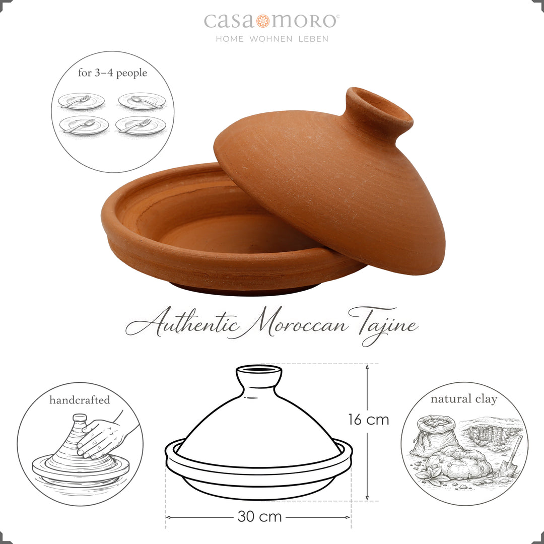 Tagine marroquina em barro natural e argila, sem esmalte, ideal para 3–4 pessoas
