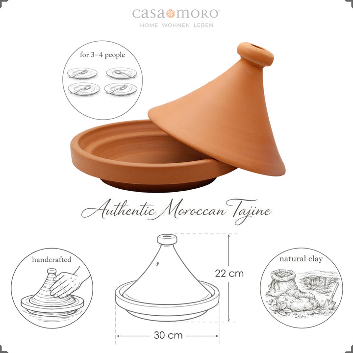 Tajine sem esmalte, 30 cm, proveniente de Marrocos, para 3–4 pessoas, feito à mão e com acabamento natural