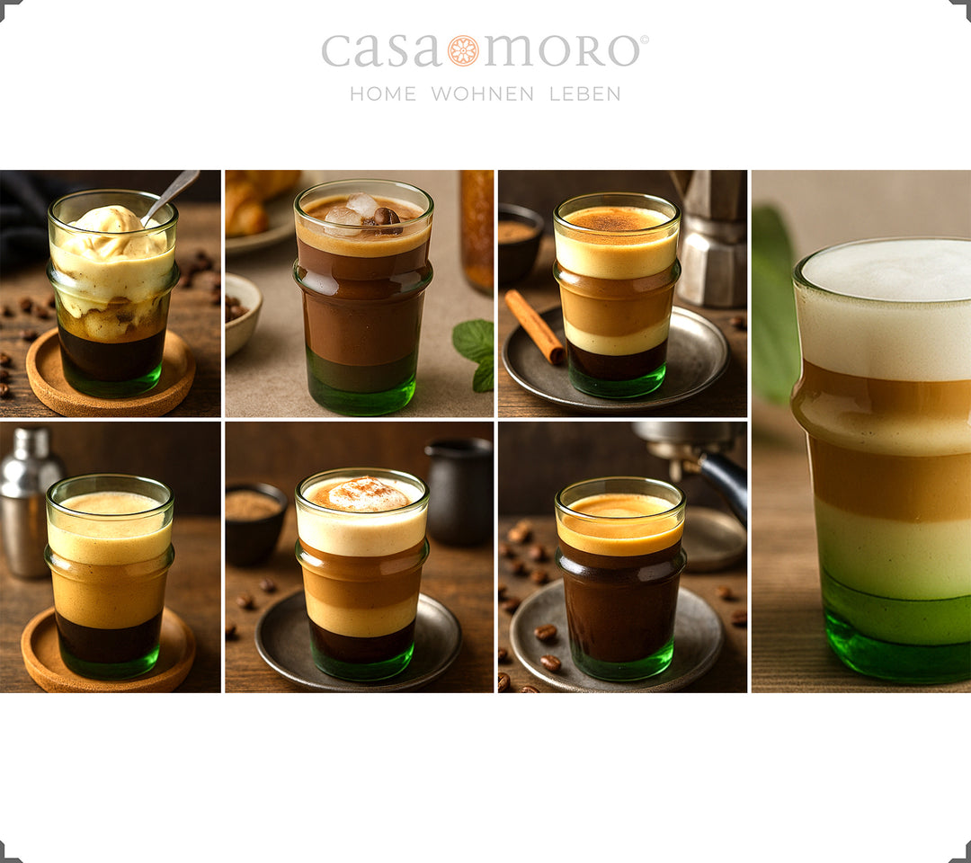 Copos repletos de criações de café – desde o macchiato até ao dalgona, servidos em copos verdes