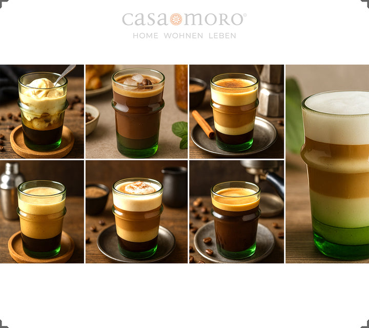 Copos repletos de criações de café – desde o macchiato até ao dalgona, servidos em copos verdes