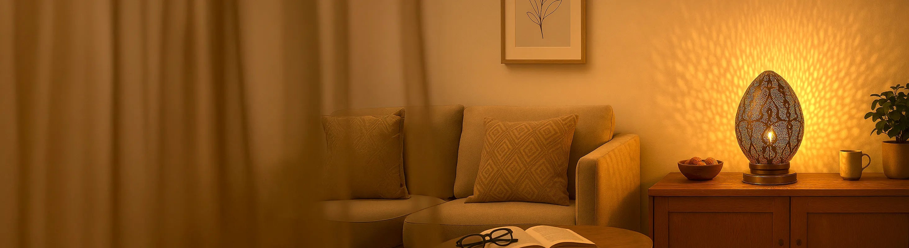 Candeeiros de mesa – Sala de estar com abajur de metal feito à mão - iluminação atmosférica no aparador ao lado do sofá