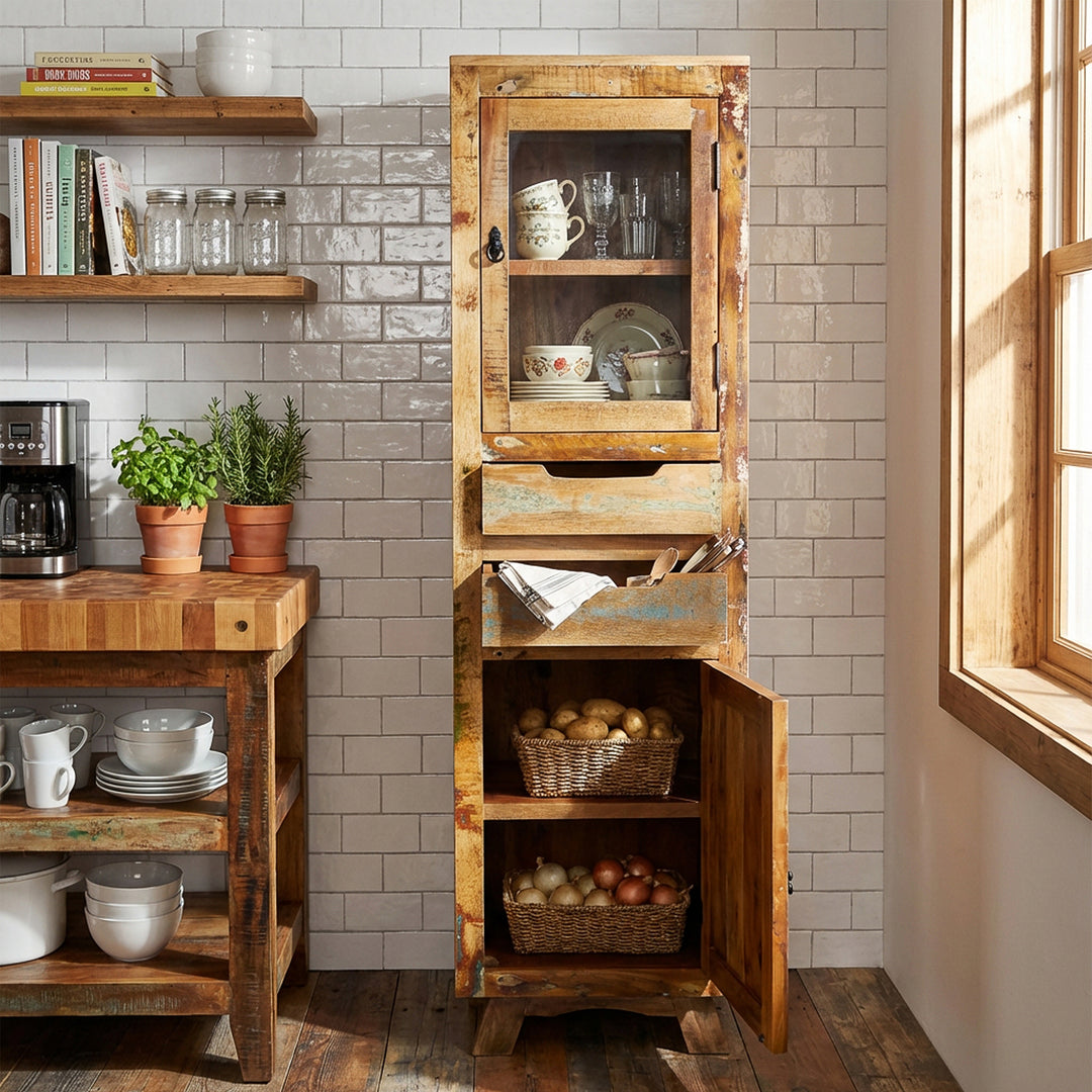 Vitrina em madeira maciça e madeira recuperada, com gaveta e portas, em estilo rústico vintage, colocada na cozinha