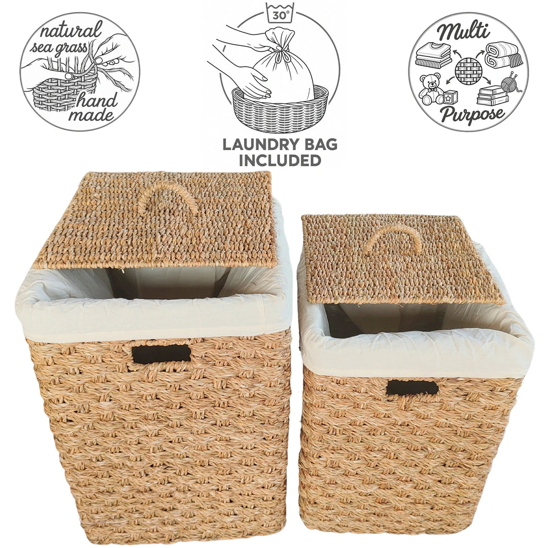 Cestos retangulares de algas marinhas, com capacidade aproximada de 55 e 85 litros: feitos à mão, de utilização versátil e sacos de roupa laváveis a 30 °C.