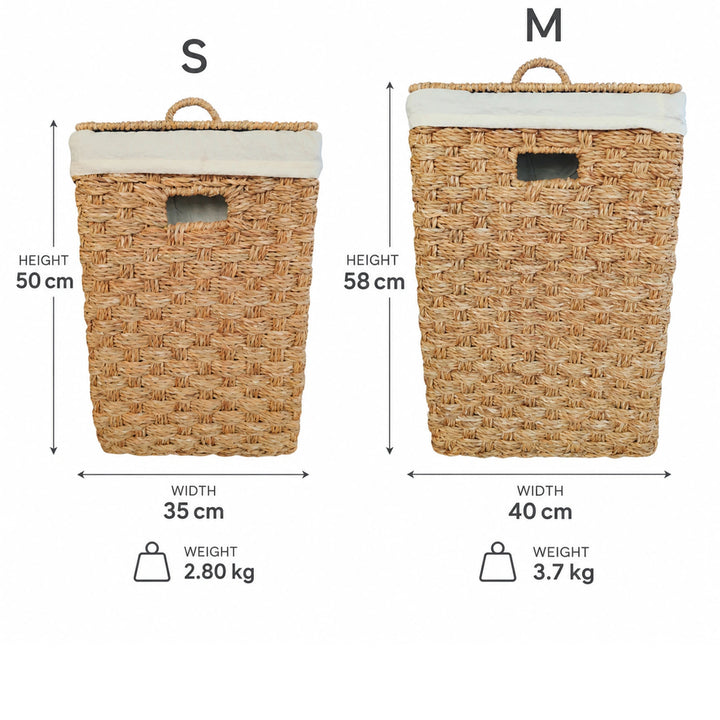 Dimensões dos cestos retangulares de algas marinhas: S 35 × 35 × 50 cm, 2,8 kg, cerca de 55 litros; M 40 × 40 × 58 cm, 3,7 kg, cerca de 85 litros.