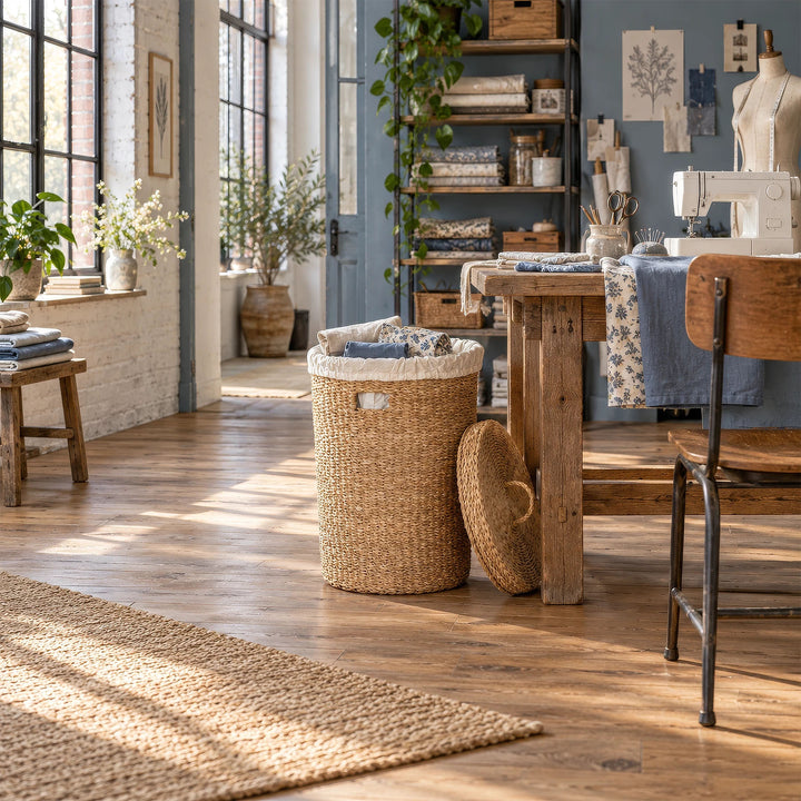 Geflochtener Wäschekorb mit 38 Litern Volumen zur Stoffaufbewahrung im Nähzimmer, mit seitlich angelehntem Deckel.